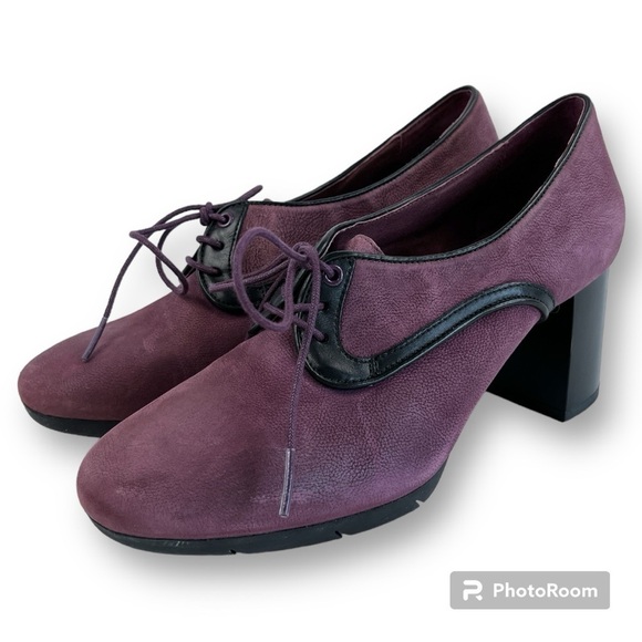 Camper Angie Heeled Oxford Shoes Lace Up Block Heel Leather Deep Plum and Black - Picture 3 of 17